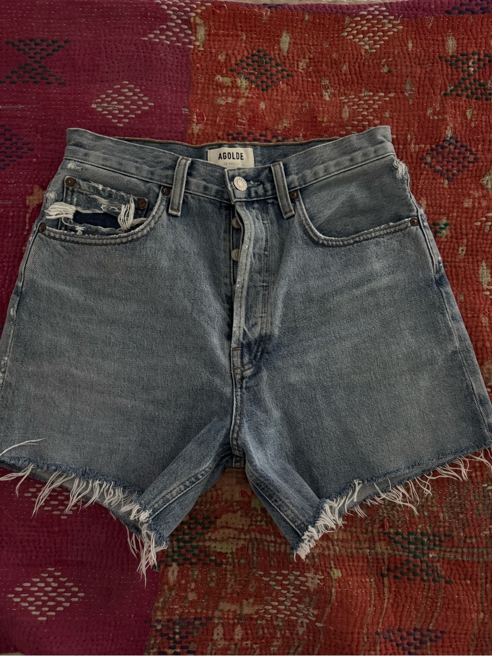Agolde Light Wash High-Rise Frayed Denim Shorts